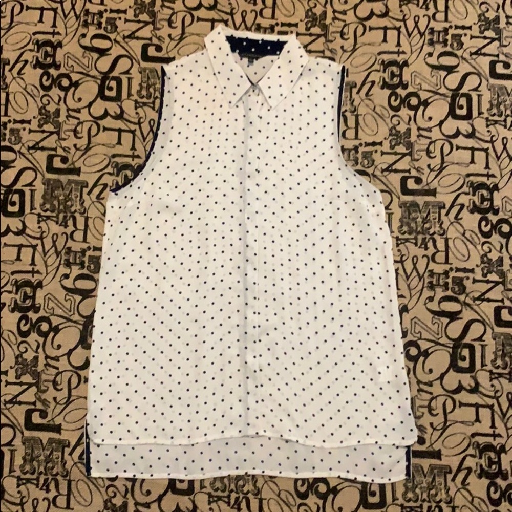 White Sheer Collared Top With Navy Dots Sz L